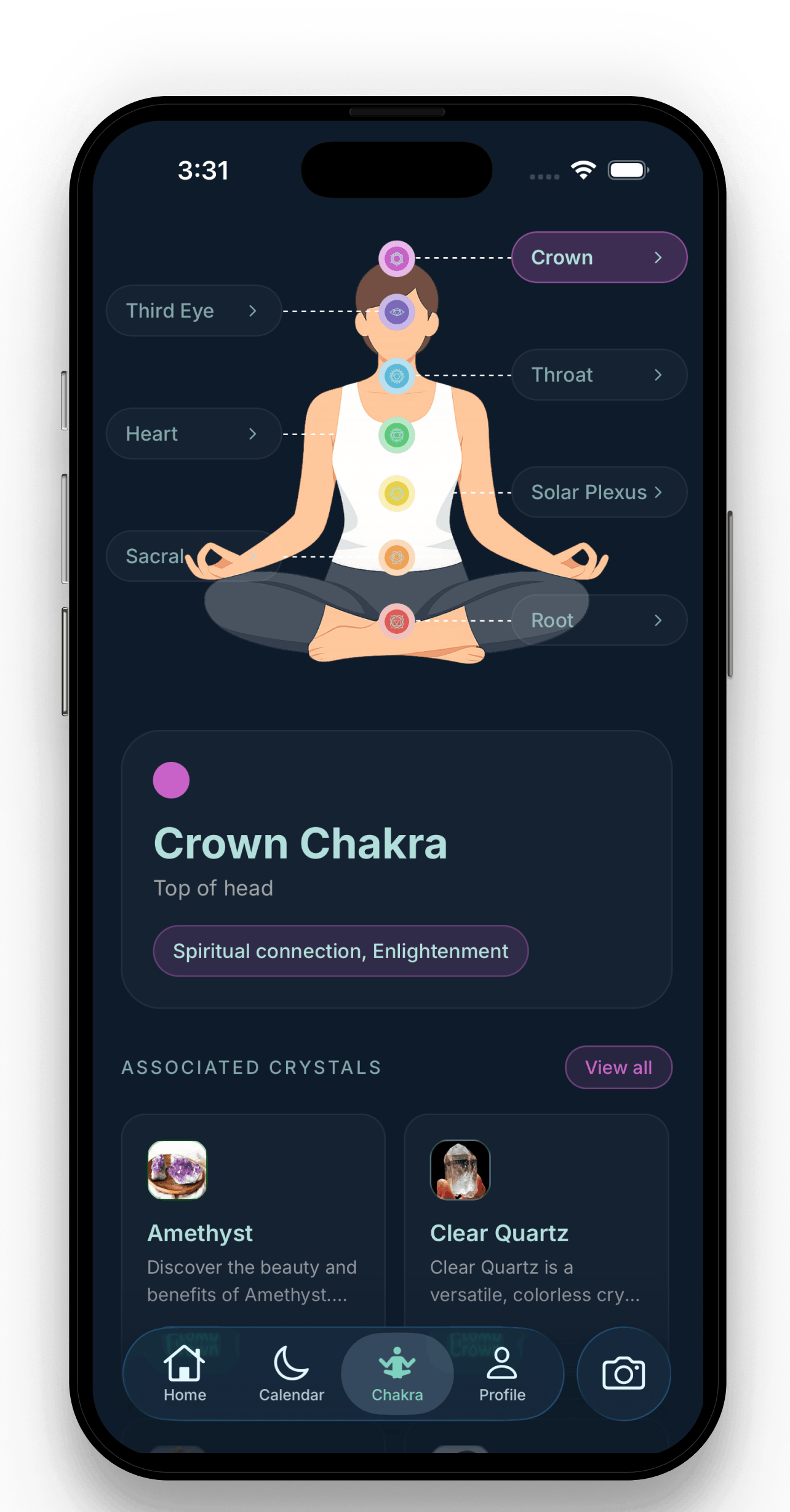 Chakra alignment screen showing body diagram with seven chakra points