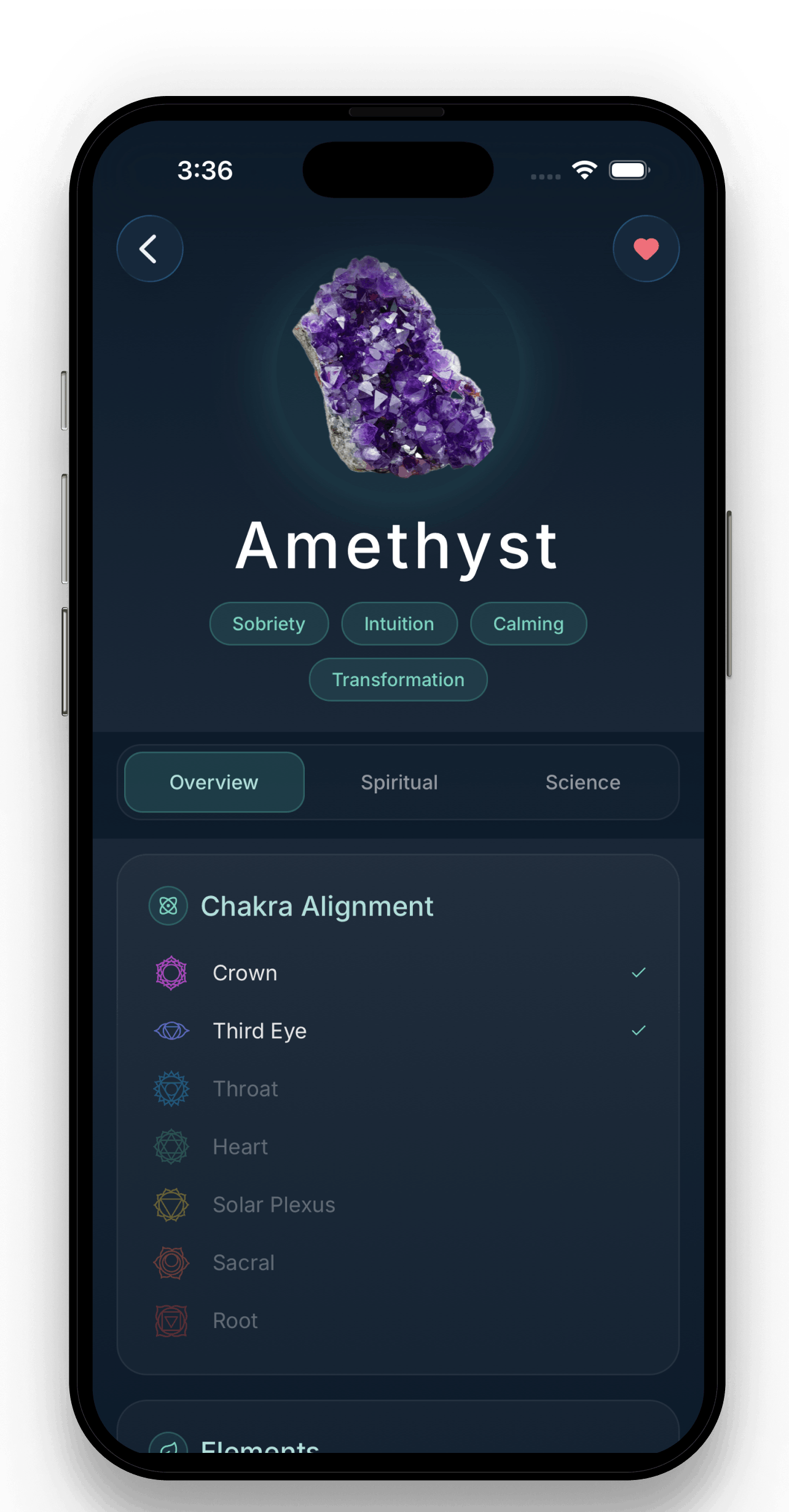 Crystal details screen showing Amethyst properties and chakra alignment