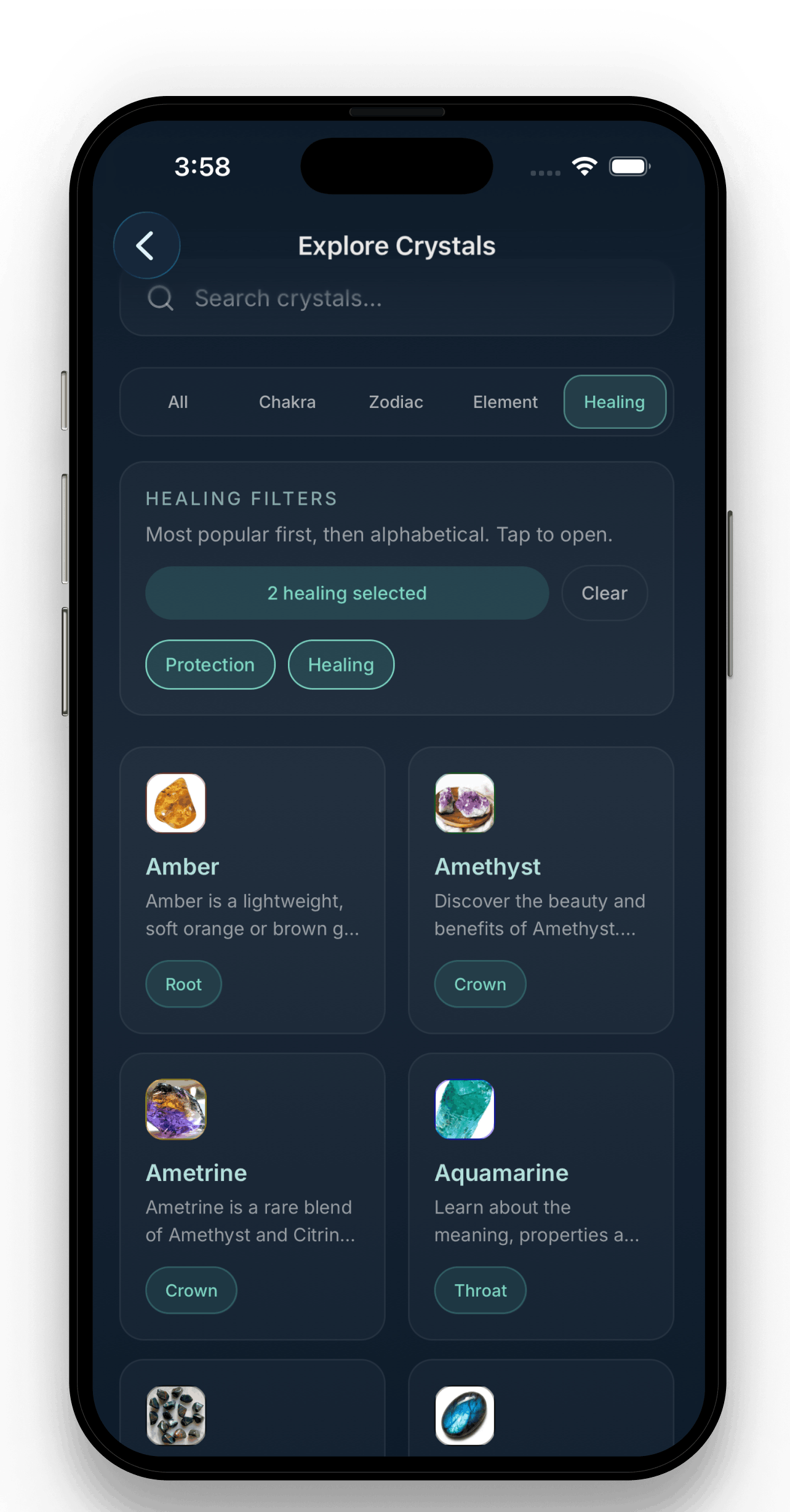 Crystal explorer screen with healing filters showing Amber and Amethyst