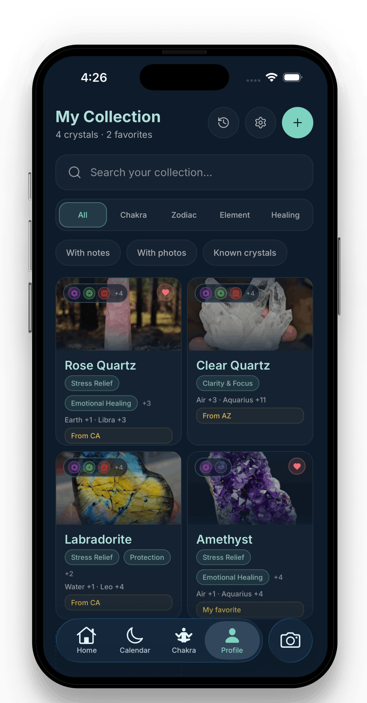 Personal crystal collection showing Rose Quartz, Clear Quartz, Labradorite, and Amethyst cards